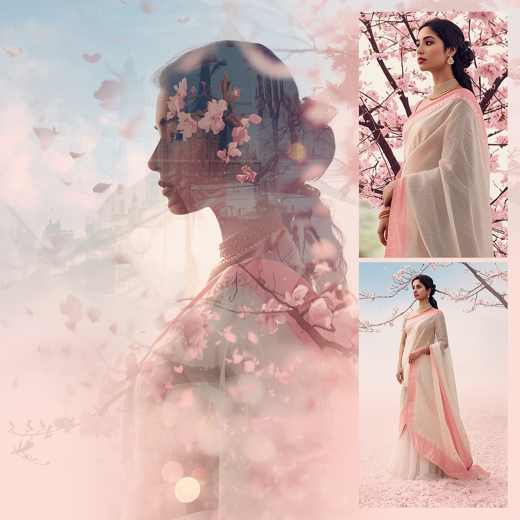 Double Exposure Premium Floral Aesthetic For Festive Indian Saree Styling | Saree Prompt For Gemini Ai