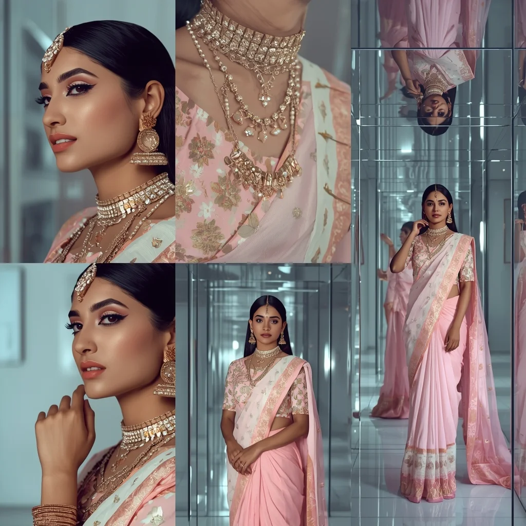 Editorial Luxury Pastel Saree Image Prompt for Women with Infinite Mirror Palace and Glam Reflection | Saree Trending Ai Prompt