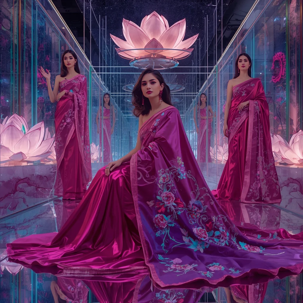 Electric Bloom Saree with Floating Infinity Lotus Crystal Sanctuary | Gemini Photo Editing Prompt