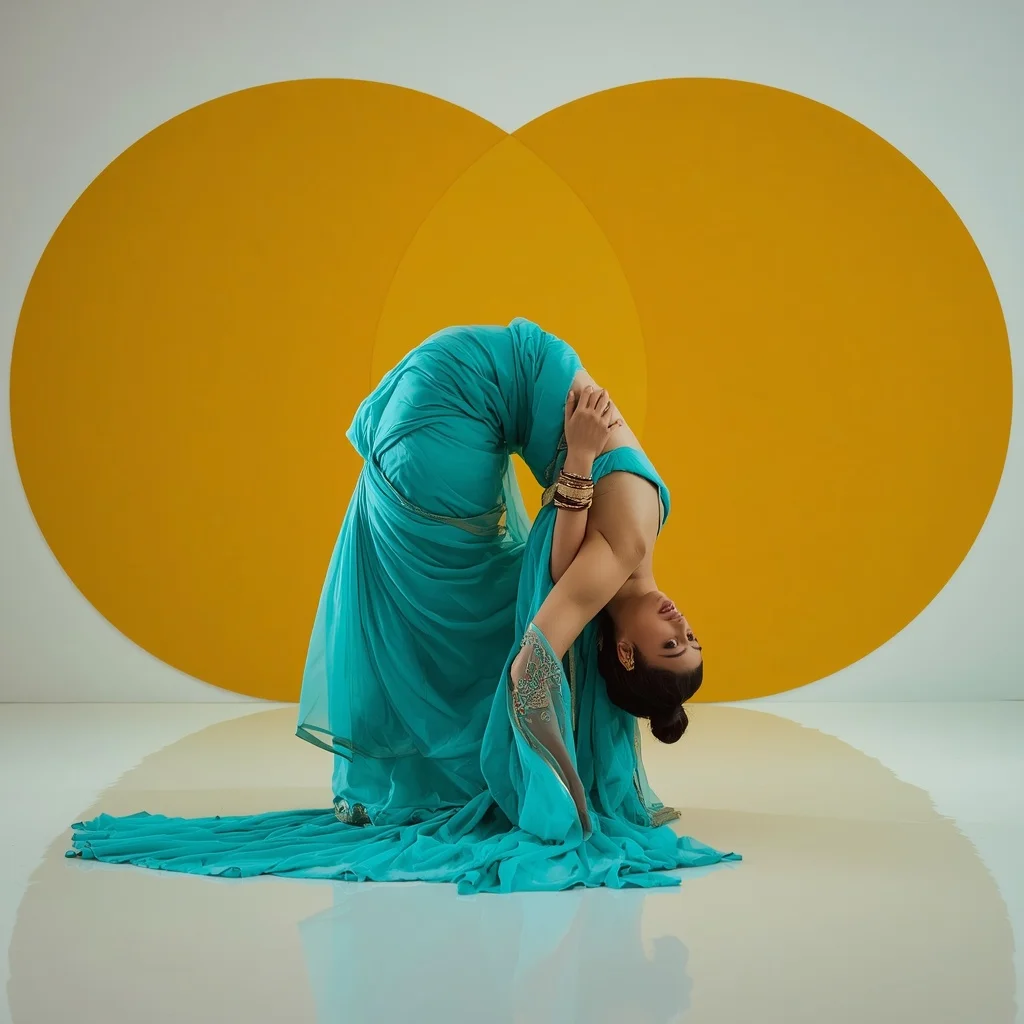 Electric Cyan Parachute Silk – Dramatic Backbend with Pop-Art Mustard Circles | Free Ai Prompt