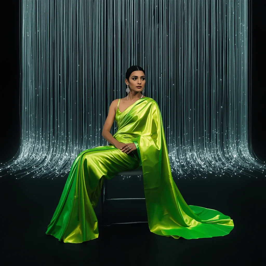 Electric Lime Metallic Saree – Invisible Chair Pose with Sweeping Fiber Optics | Female Model Ai Prompt