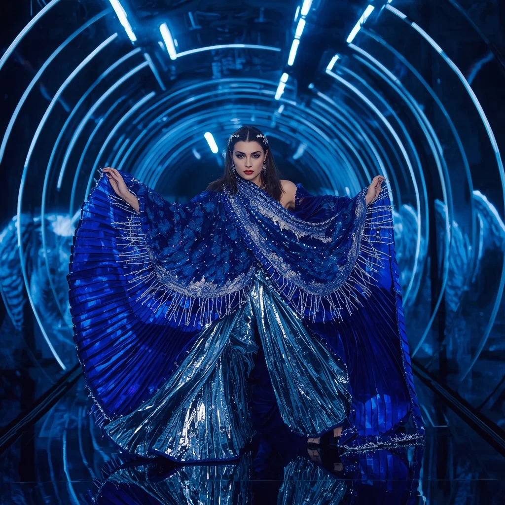 Electric Sapphire Infinity Saree with Curved Laser Galaxy Universes | Prompt Gemini Ai