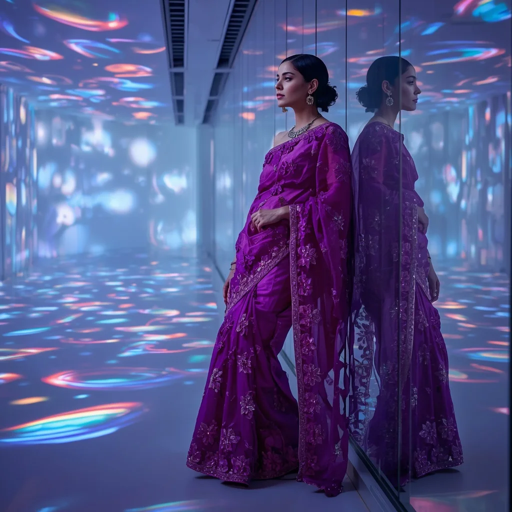 Electric Violet Laser-Cut Applique Saree for Futuristic Festive Look | Bridal Ai Prompt
