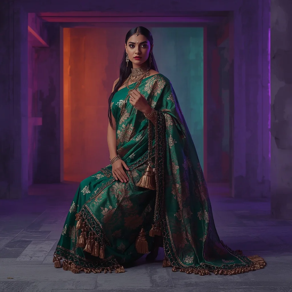 Emerald and Oxidized Copper Foil-Print Heavy Drape Saree | Sora Ai Prompt
