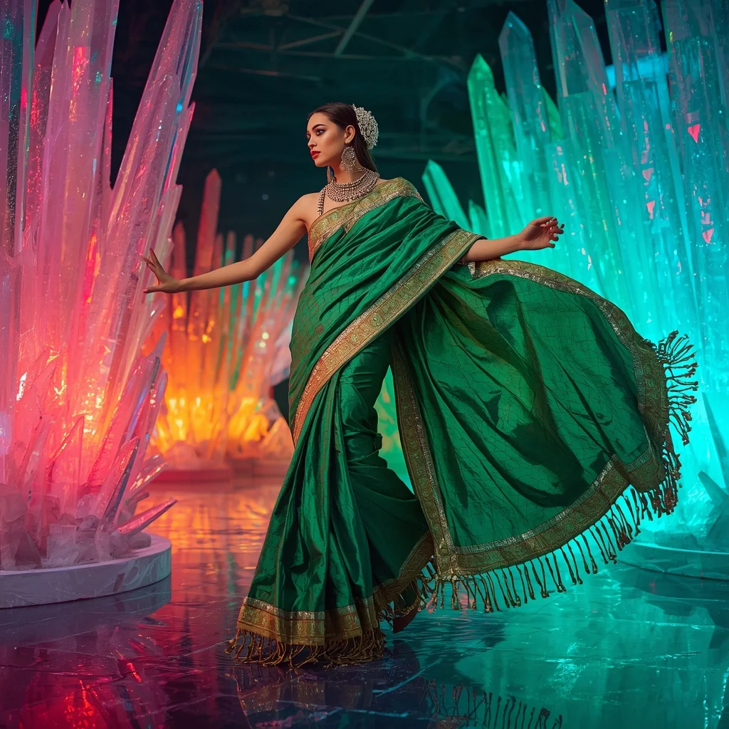 Emerald Aurora Flame Saree with Curved Plasma Crystal Kingdom | Prompt Gemini