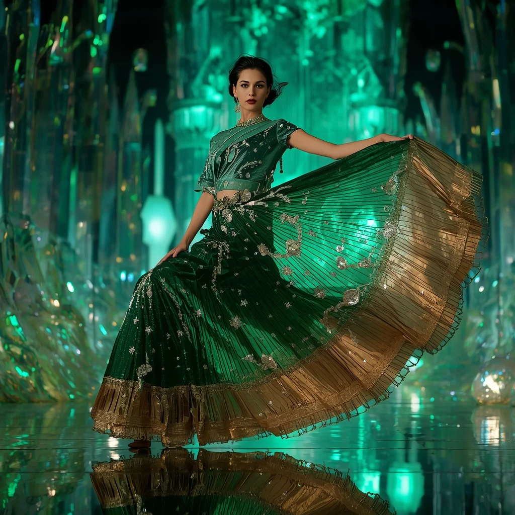 Emerald Aurora Inferno Saree with Floating Crystal Cathedral | New Instagram Trend Prompt For Girl