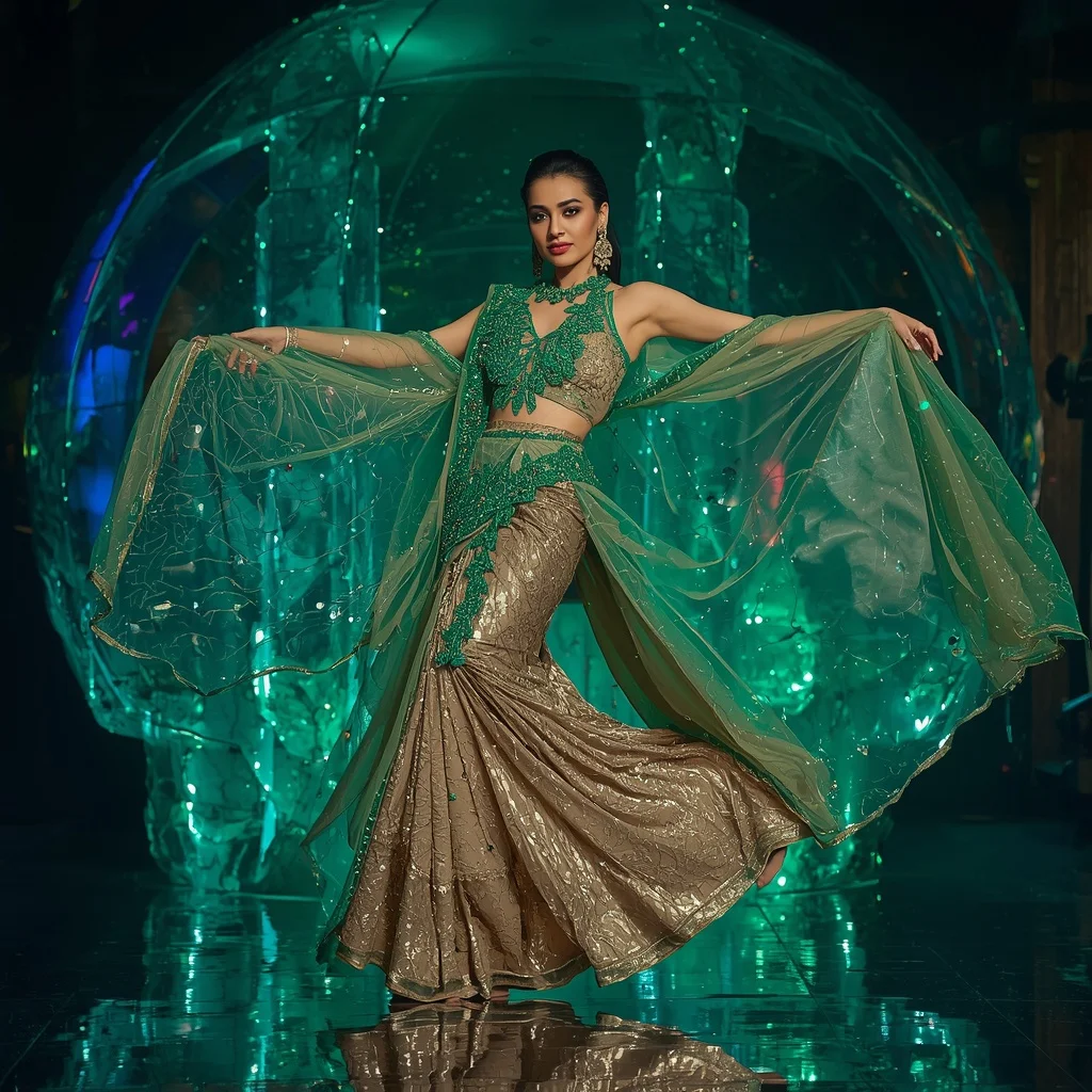 Emerald Aurora Mirage Saree with Floating Crystal Dome | Instagram Post Ai Prompt