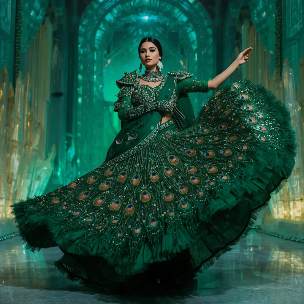 Emerald Aurora Peacock Saree – Heavy Artistic Festival Saree with Twirl Pose and Aurora Peacock Crystal Fortress Background | Photo Prompt