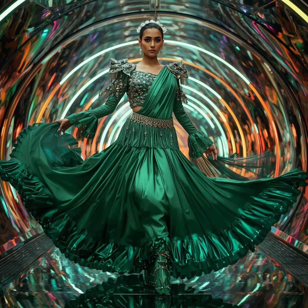 Emerald Aurora Queen Saree with Quantum Reflection Crystal Corridor | Ai Selfie Prompt
