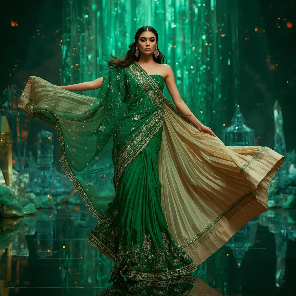 Emerald Aurora Royale Saree with Floating Crystal Empire | Image Prompt