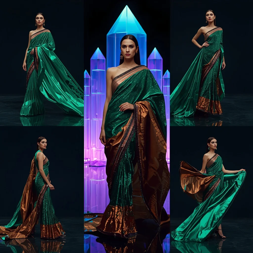 Emerald Aurora Saree with Floating Neon Prism Crystal Fortress | Prompt For Gemini Saree