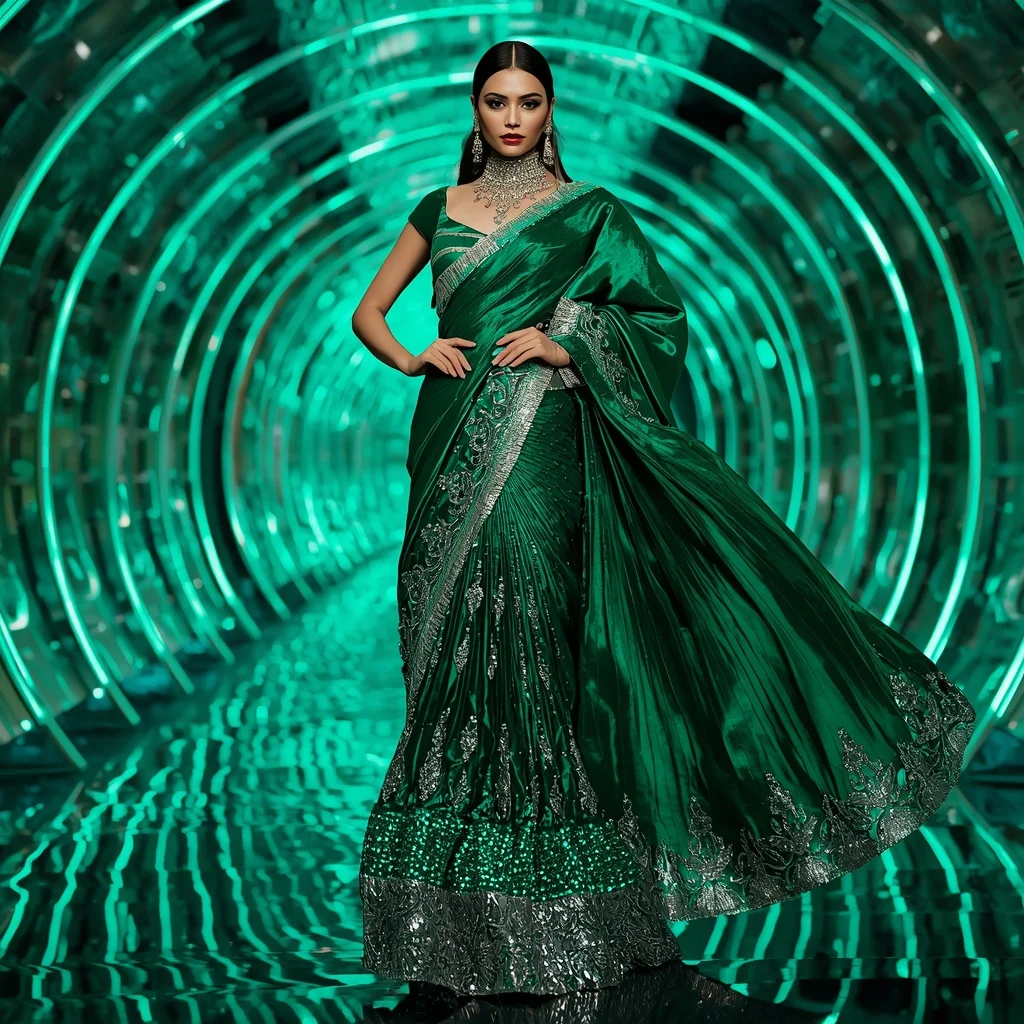 Emerald Chrome Symphony Saree with Curved Neon Reflection Infinity Orbit Corridor | Photo Prompt