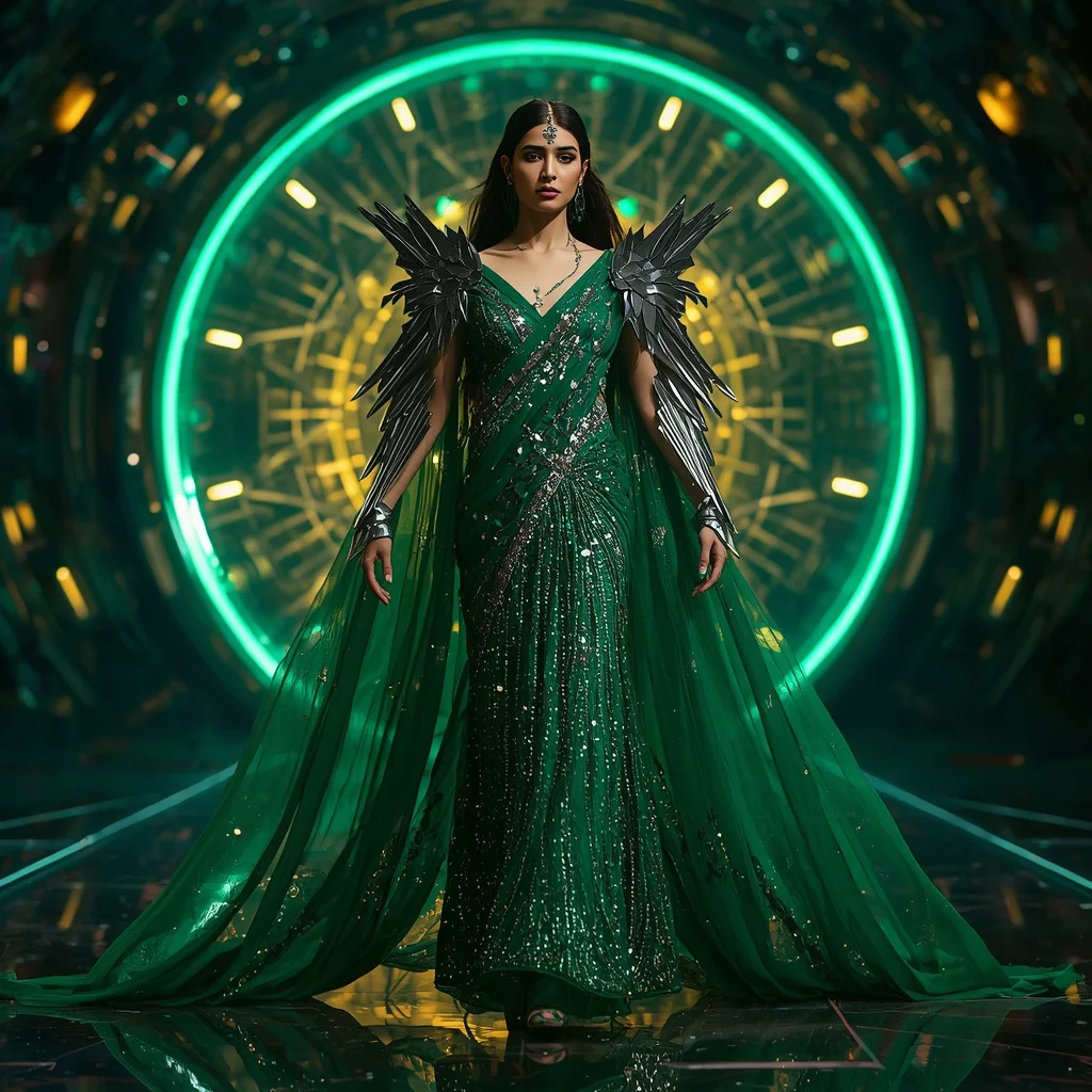 Emerald Cosmic Blade Apex Core Armor Saree with Floating Prism Collapse Quantum Reactor Dome Nexus Singularity Core System Field Engine | New Instagram Trending Photo Editing Prompt