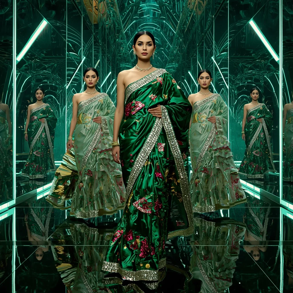 Emerald Cosmic Lightning Saree with Floating Runway Motions and Neon Reflection Infinity Universe | Makeup Ai Prompt