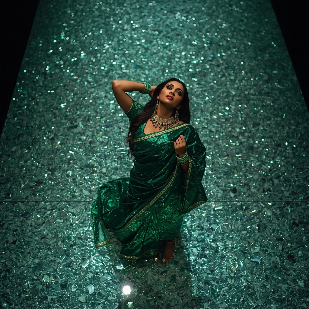 Emerald Crushed Foil Saree – Overhead Dramatic Angle with Crushed Glass Floor | Fitness Model Ai Prompt