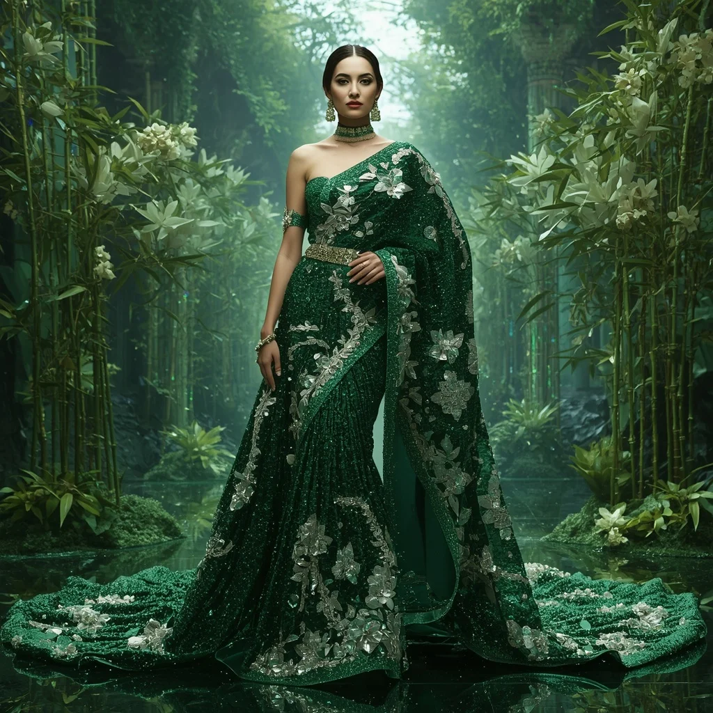 Emerald Crystal Bamboo Saree with Prism Forest Corridors and Royal Nature Citadel | Indian Girl Ai Prompt