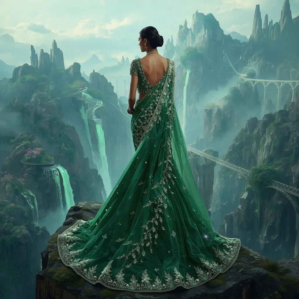 Emerald Crystal Bridge Saree with Floating Valley Kingdom | Beautiful Woman Ai Prompt