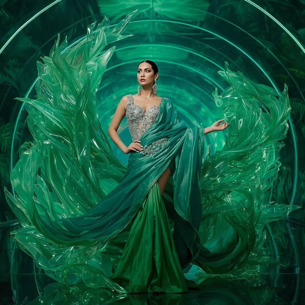 Emerald Crystal Flame Saree with Floating Jungle Hall | Golden Hour Photography Ai Prompt
