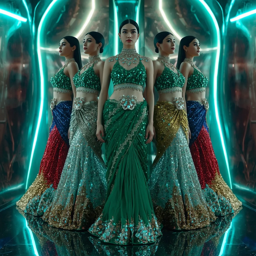 Emerald Crystal Mirage Saree with Multi Editorial Poses and Holographic Neon Galaxy | Gemini Photo Prompt