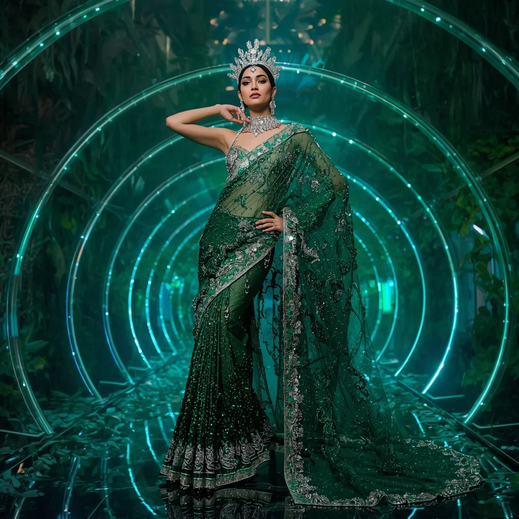 Emerald Crystal Vine Saree with Botanical Prism Crown Pavilion | Ai Girl Image Prompt