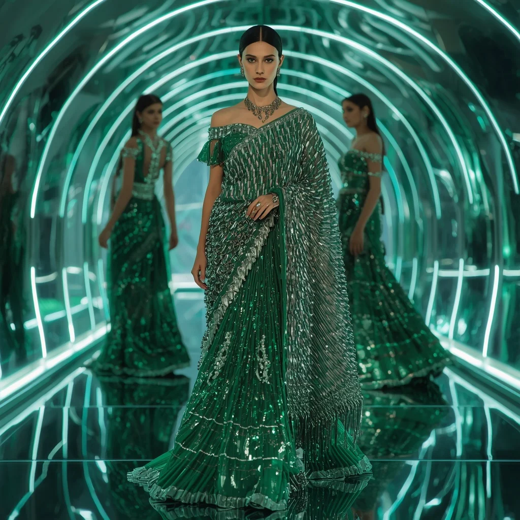 Emerald Cyber Mirage Saree with Curved Neon Infinity Crystal Hall | Trending Prompt Girls Instagram