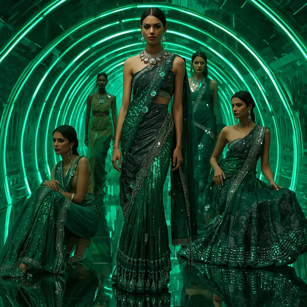 Emerald Cyber Mirage Saree with Curved Neon Infinity Sanctuary | Hd Image Prompt