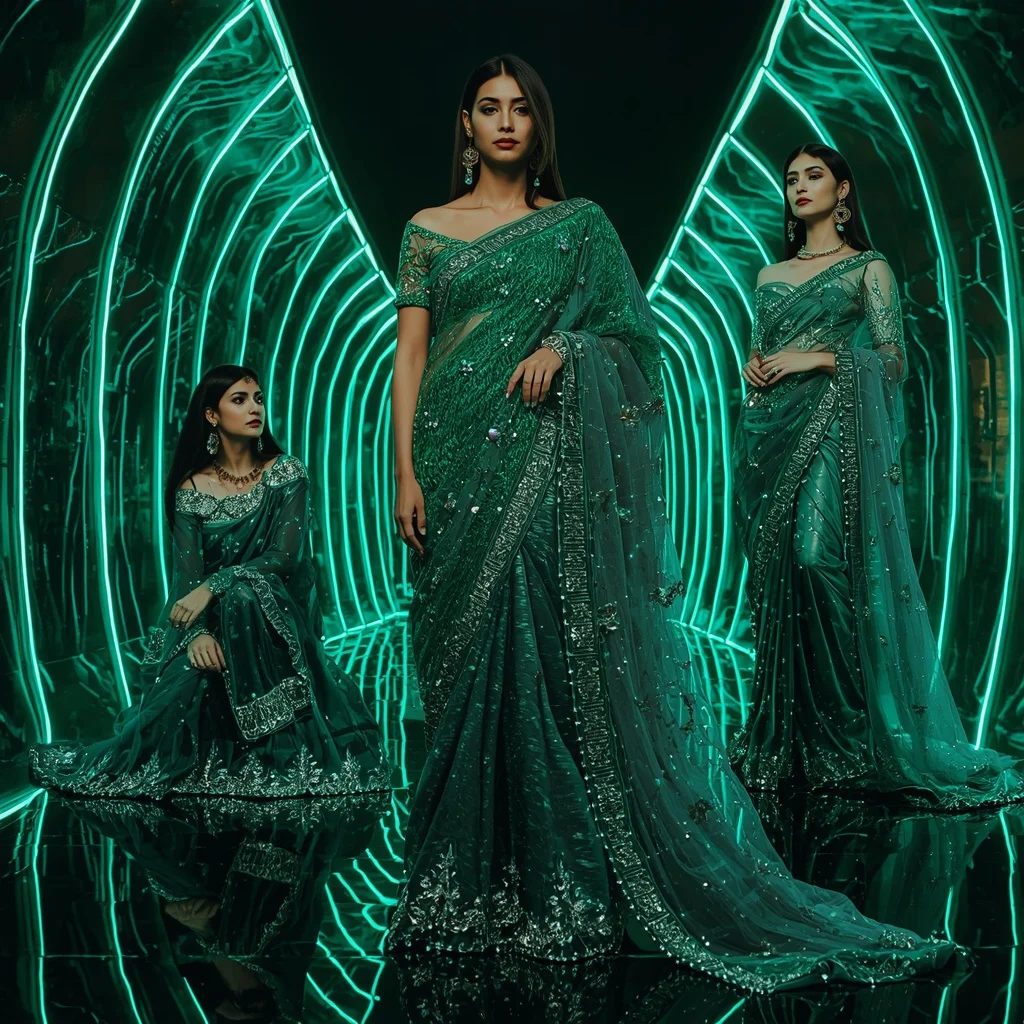 Emerald Cyber Thunder Saree with Curved Neon Galaxy Palace | Fantasy Ai Prompt