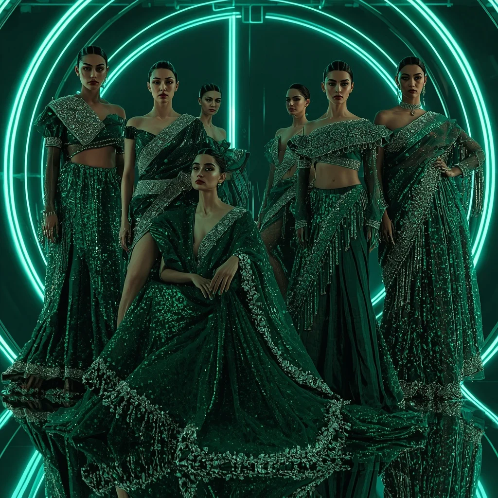 Emerald Cyber Thunder Saree with Curved Neon Orbit Nexus | Makeup Ai Prompt