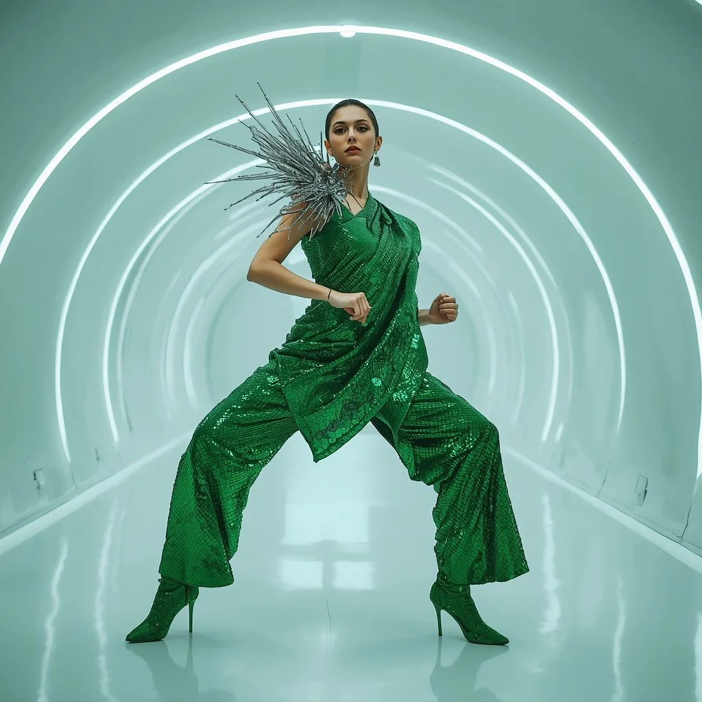 Emerald Dragon-Scale Sequin Saree in Tech Tunnel | Prompt Gemini