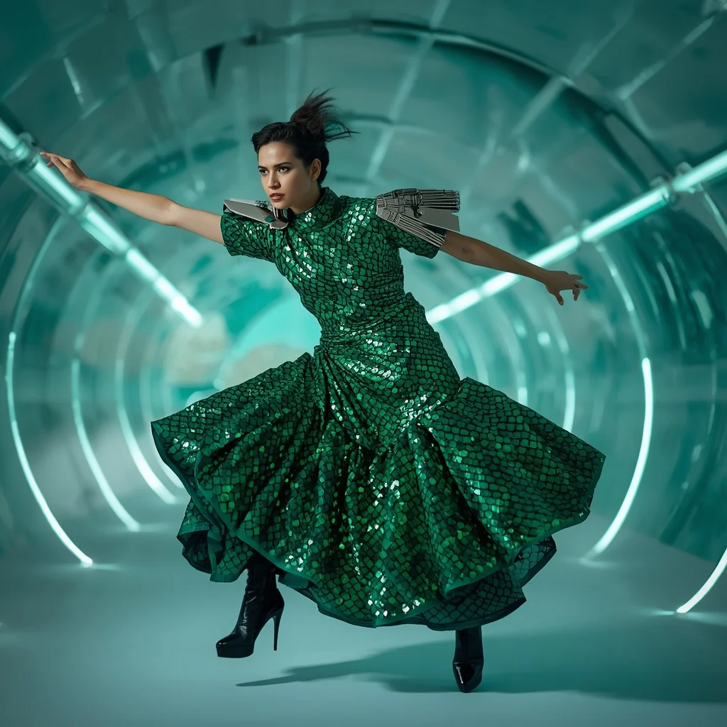 Emerald Dragon-Scale Sequin Saree with Curved Tech Tunnel | Ai Photo Editing Prompt