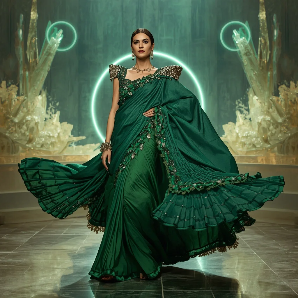 Emerald Eclipse Butterfly Saree – Heavy Artistic Festival Saree with Twirl Pose and Eclipse Butterfly Crystal Fortress Background | Trending Prompt Girls ChatGPT