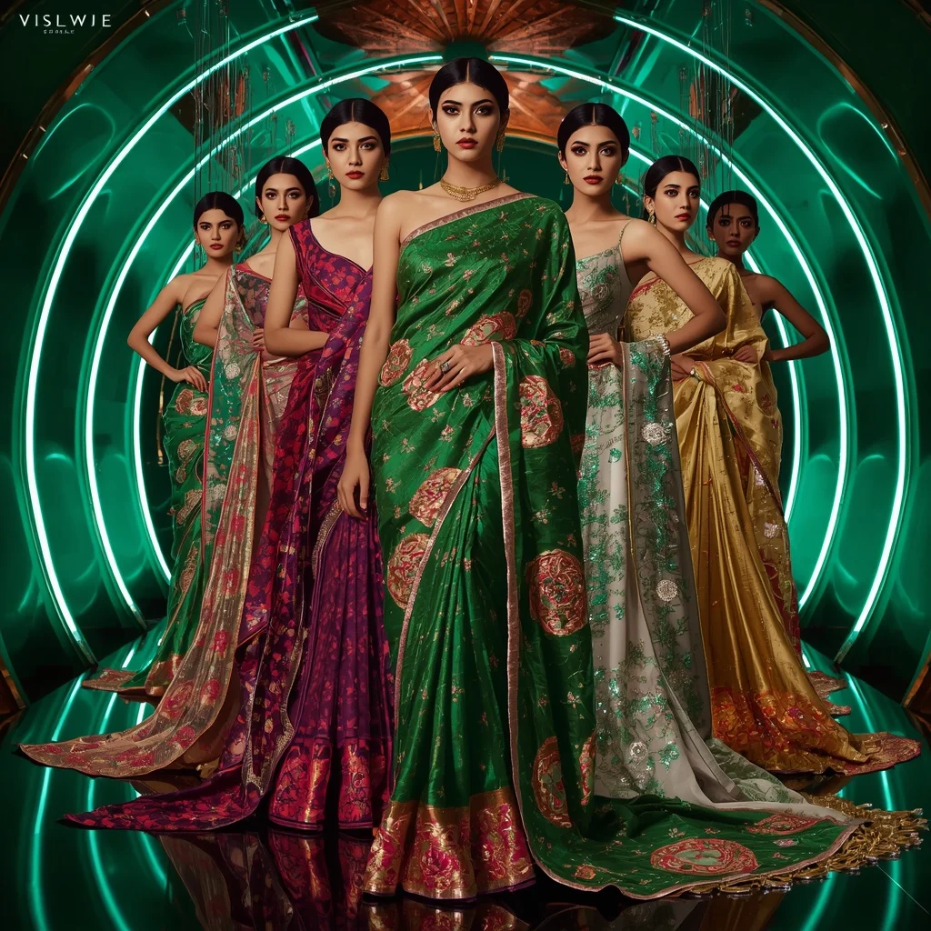 Emerald Fire Celestial Infinity Saree with Multi Pose Fashion Story and Neon Palace Eternal Universe | Trending Ai Prompt