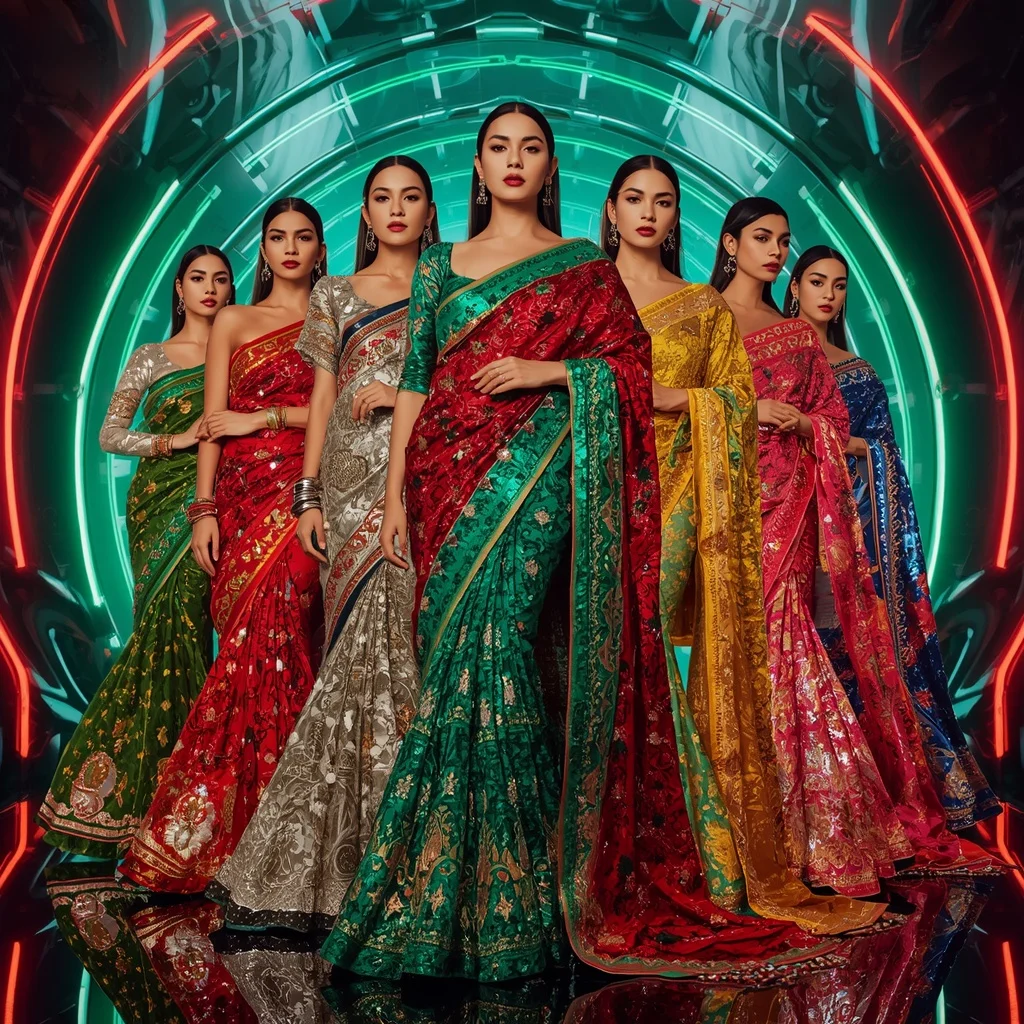 Emerald Fire Celestial Megaverse Saree with Multi Pose Fashion Story and Neon Palace Infinite Hyperrealm | Indian Girl Ai Prompt