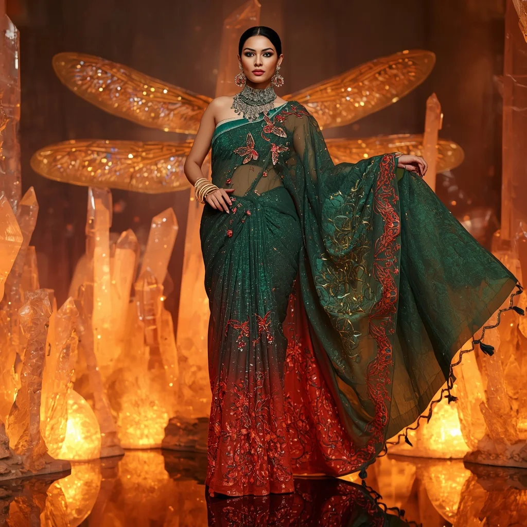 Emerald Fire Dragonfly Saree – Heavy Artistic Festival Saree with Twirl Pose and Burning Dragonfly Crystal Garden Background | Gemini Ai Prompt For Instagram