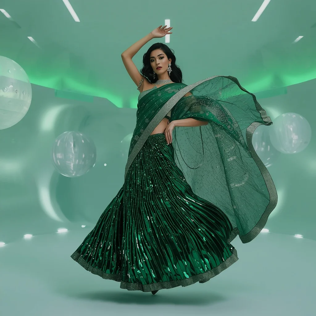 Emerald Foil and Platinum Saree with Kinetic Sphere Room