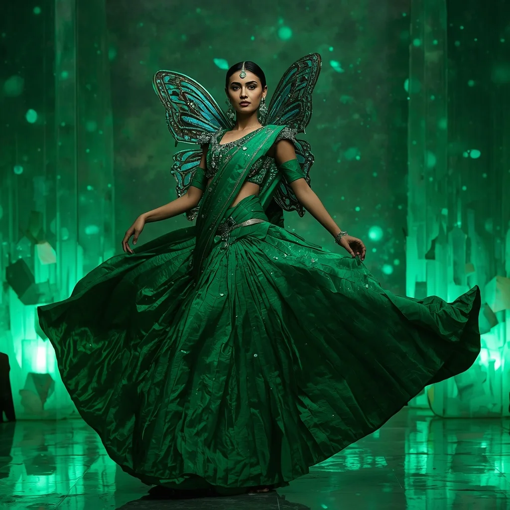 Emerald Galaxy Butterfly Saree – Heavy Artistic Festival Saree with Twirl Pose and Galaxy Butterfly Crystal Fortress Background | Trending Prompt Girls