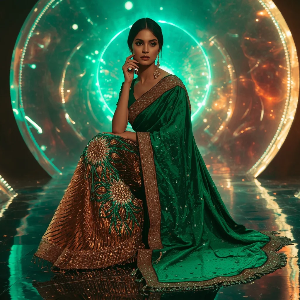 Emerald Inferno Eclipse Saree with Holographic Solar Orbit Universes | Ai Portrait Prompt