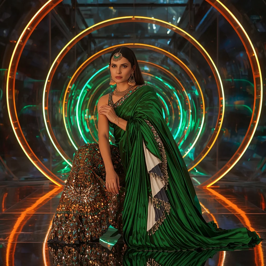 Emerald Inferno Eclipse Saree with Holographic Solar Palace Rings | Prompt AI For Girl