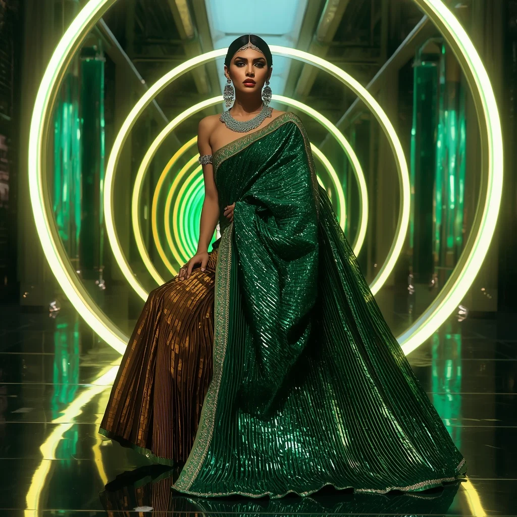 Emerald Inferno Mirage Saree with Holographic Solar Infinity Rings | Ai Prompt For Instagram