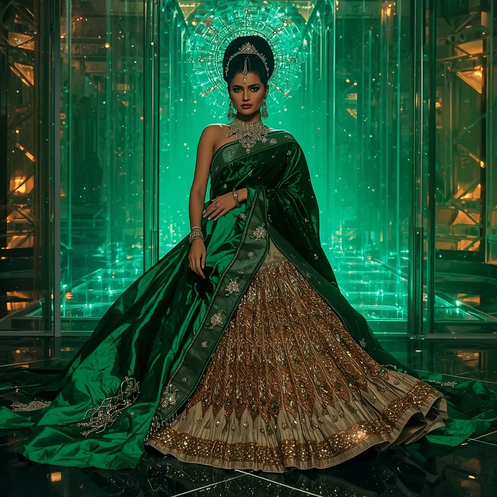 Emerald Inferno Quantum Saree with Holographic Solar Crown Dimensions | Girl Prompt
