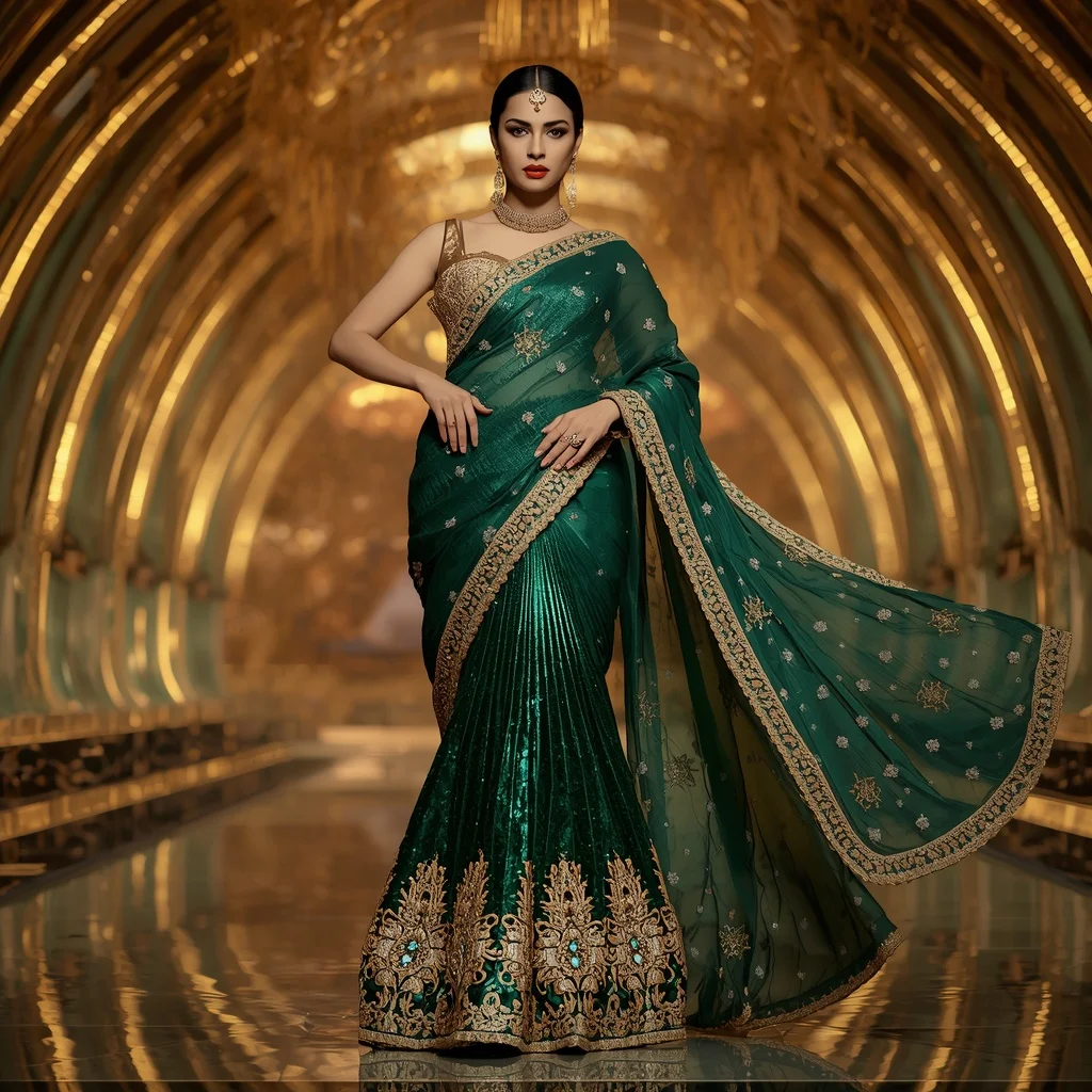 Emerald Lotus Crown Saree with Golden Infinity Empire Hall | Gemini Ai Prompt