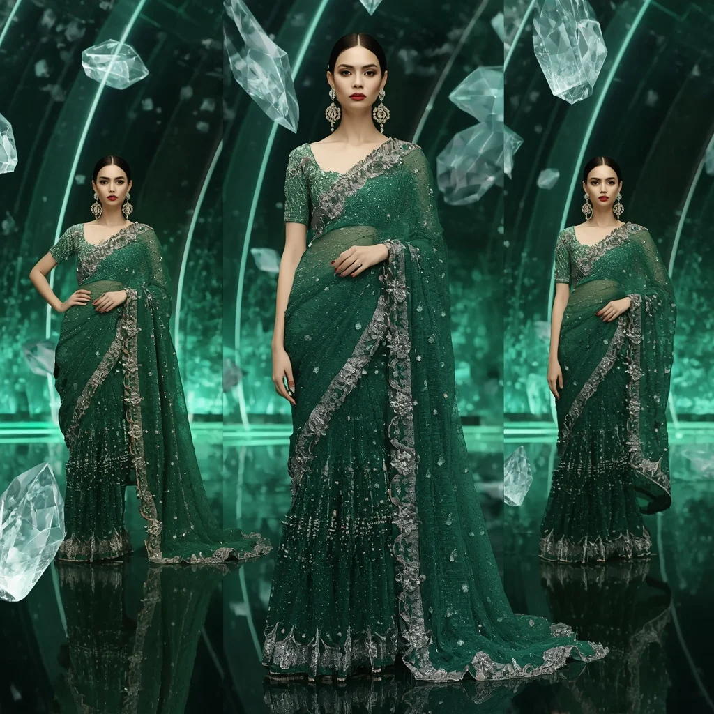 Emerald Moonlight Prism Saree with Floating Halo Crystal Palace | Desi Girl Ai Prompt