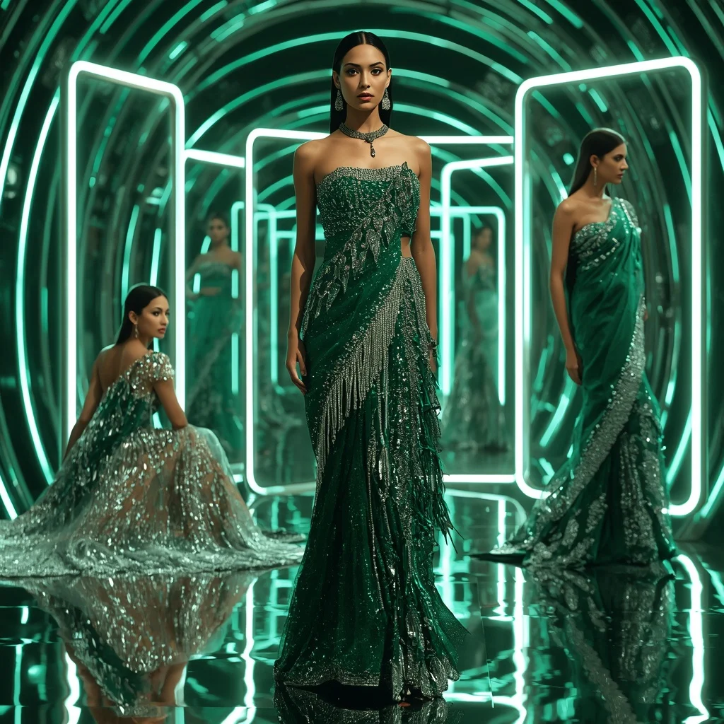 Emerald Moonlight Prism Saree with Floating Halo Frames | Free Ai Prompt