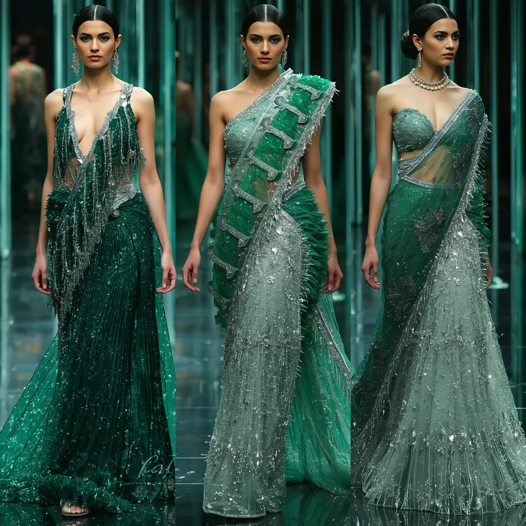 Emerald Moonlight Prism Saree with Floating Halo Galaxy Corridors | Ai Image Generator Prompt