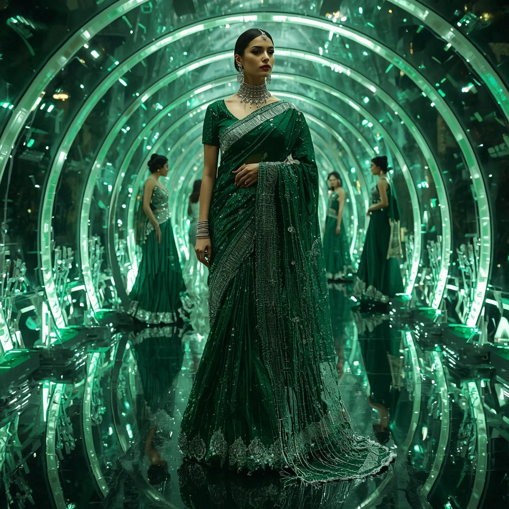 Emerald Moonlight Prism Saree with Floating Halo Infinity Crystal Corridors | Motivation Ai Prompt