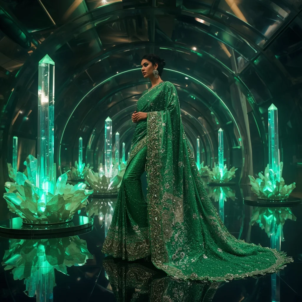 Emerald Moonlight Prism Saree with Floating Halo Infinity Crystal Sanctuary | Leonardo Ai Image Prompt
