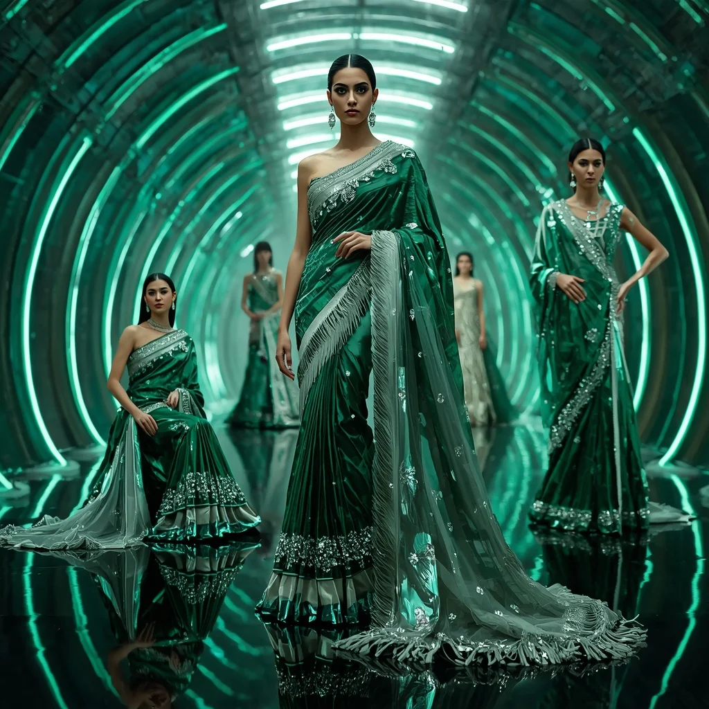 Emerald Moonlight Prism Saree with Floating Halo Orbit Corridors | Bridal Ai Prompt