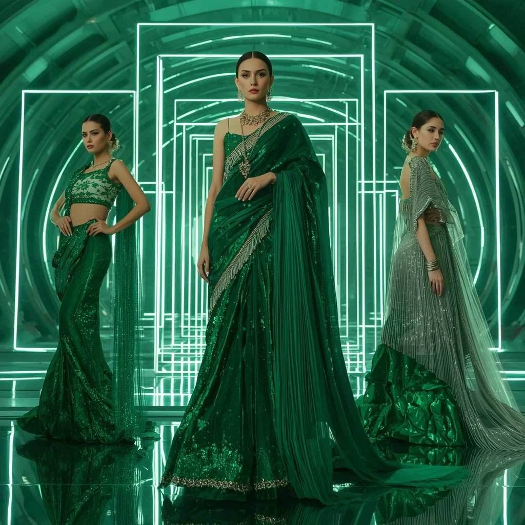 Emerald Moonlight Royale Saree with Floating Halo Frames | Beautiful Woman Ai Prompt
