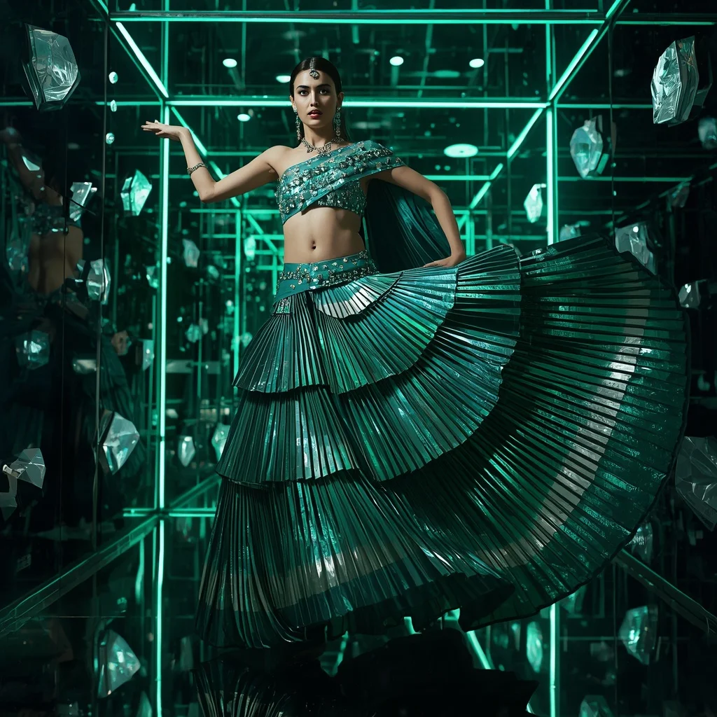 Emerald Nebula Infinity Saree with Floating Laser Crystal Hallways | Prompt Seen Gemini Girl Instagram