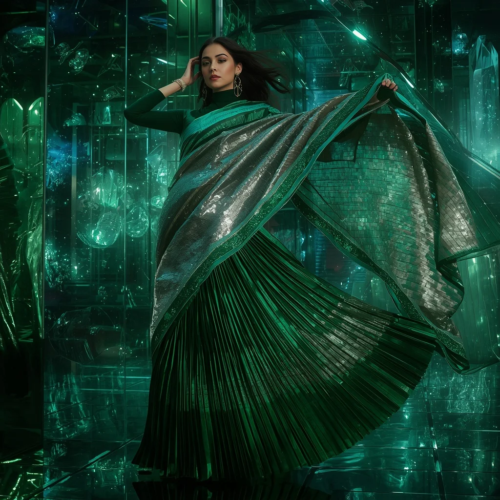 Emerald Nebula Quantum Saree with Floating Laser Crystal Galaxies | Wedding Ai Prompt